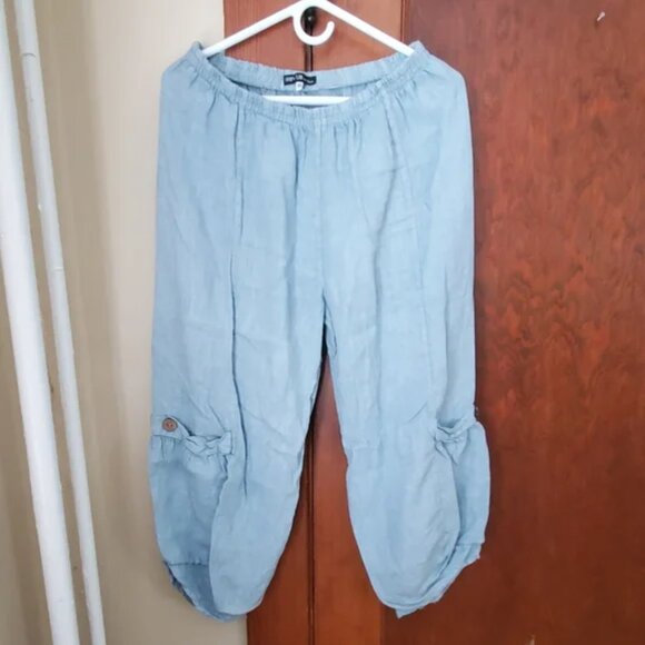 Baby Blue 100% European Linen Lagenlook Lantern Balloon Pants - Picture 2 of 9